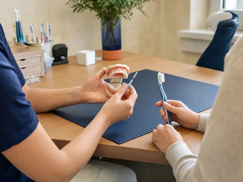 Eine Mitarbeiterin in dunkelblauer Kleidung zeigt an einem Zahnmodell die Zahnpflege, eine Patientin hält dabei eine Zahnbürste in der Hand.